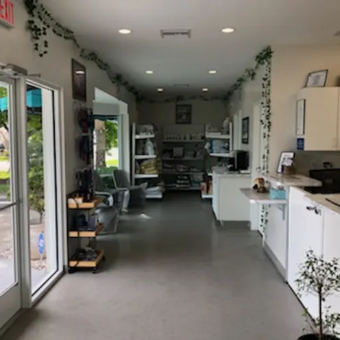 Waiting area and desk in lobby in Vero Beach Veterinary Hospital